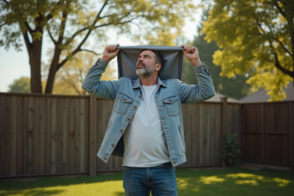 Homme d'âge moyen dans son jardin avec un écran de privacy