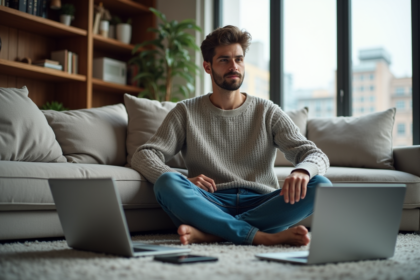 Homme détendu avec laptops dans un salon moderne