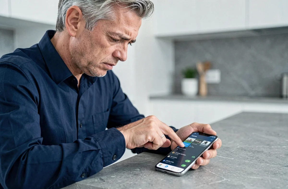 Homme naviguant dans les paramètres Android pour retrouver la corbeille disparue de son téléphone
