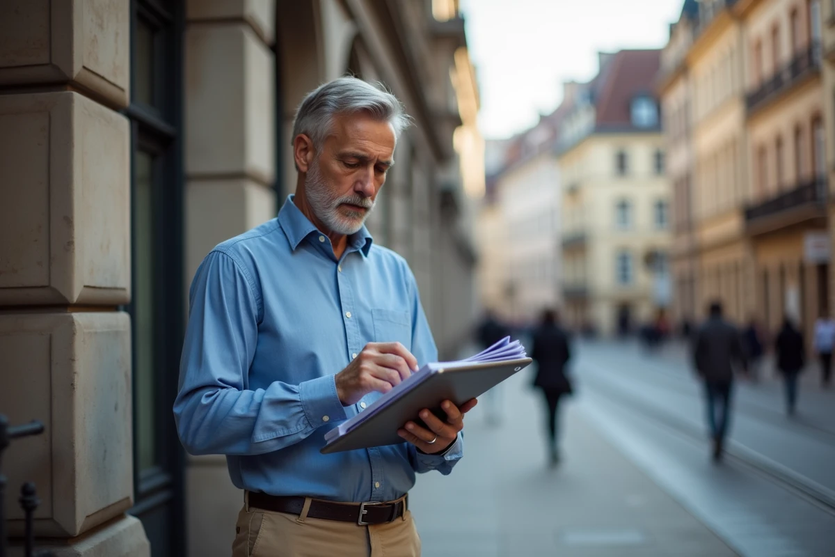 Homme avec courrier devant un bâtiment historique à Strasbourg
