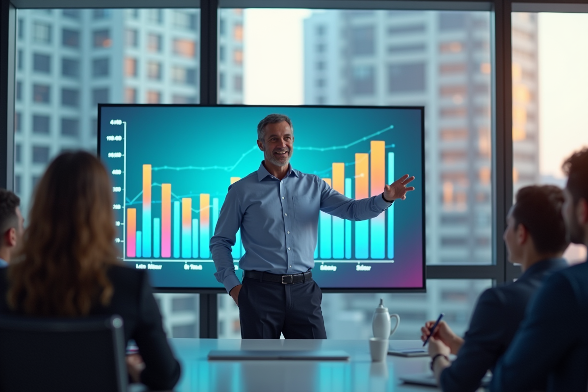 Homme en réunion présentant un graphique de trafic web