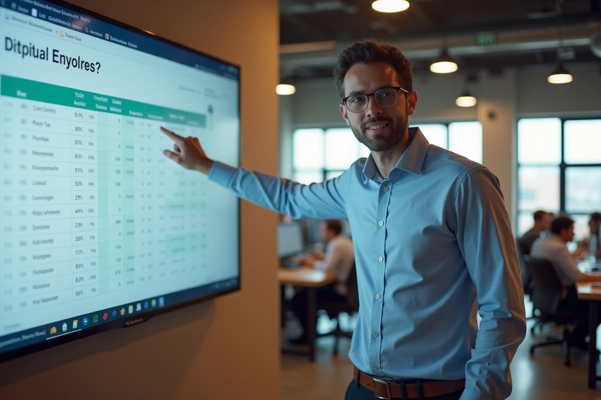 Homme montrant un tableau croiseur Excel sur un grand ecran