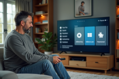 Homme d'âge moyen réglant la télévision dans un salon cosy