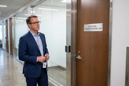 Homme professionnel en costume regardant la porte de la salle serveur