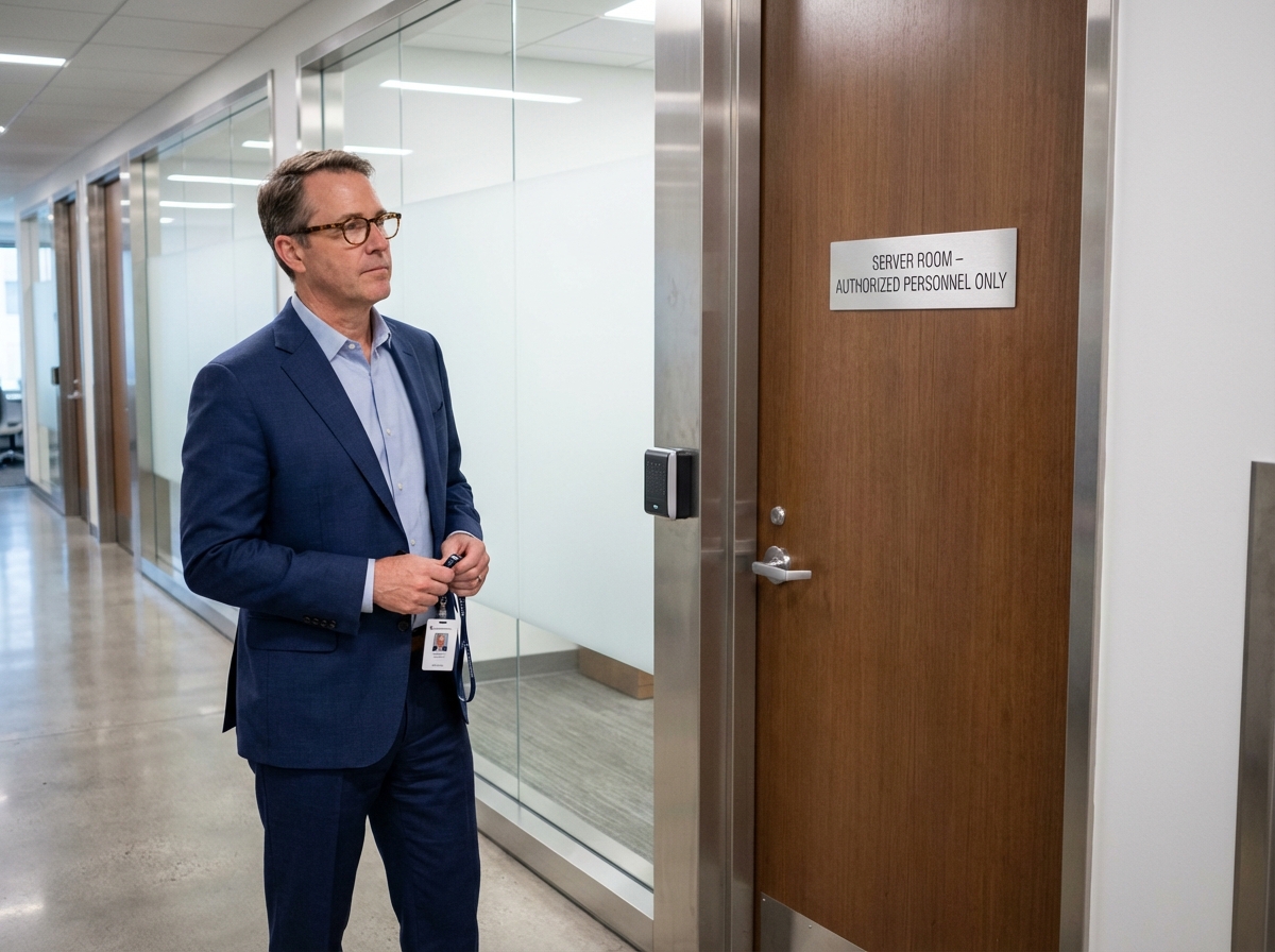 Homme professionnel en costume regardant la porte de la salle serveur