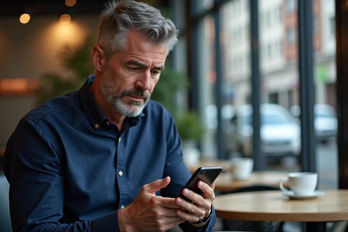 Homme tenant un smartphone affichant un avertissement de sécurité sur une URL masquée dans un café