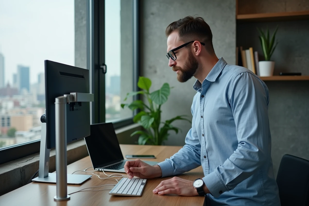 Homme en télétravail debout devant un écran OLED 27 pouces monté sur bras ergonomique avec vue urbaine