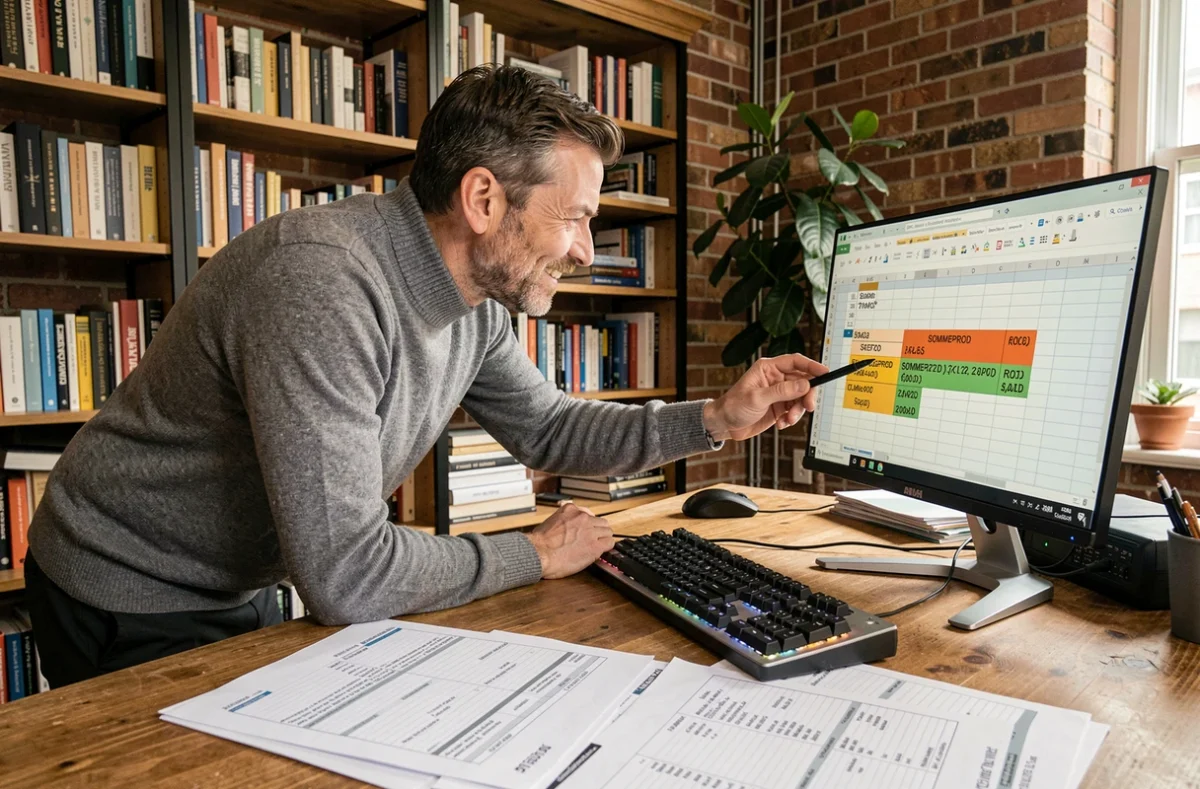 Homme en télétravail analysant des formules Excel SOMMEPROD pour automatiser le calcul de moyennes pondérées sur grand écran