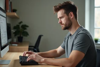 Homme appuyant sur une touche spécifique d'un clavier mécanique dans un bureau à domicile moderne