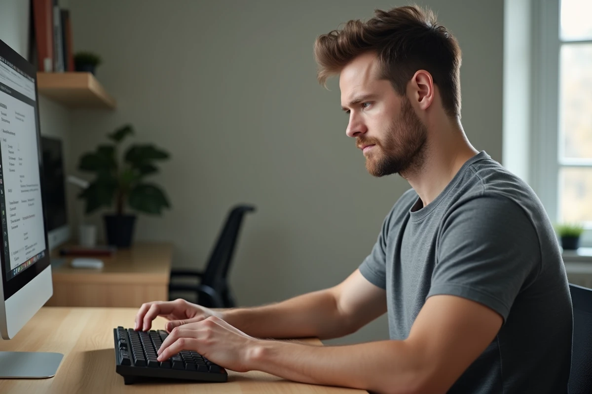 Homme appuyant sur une touche spécifique d'un clavier mécanique dans un bureau à domicile moderne