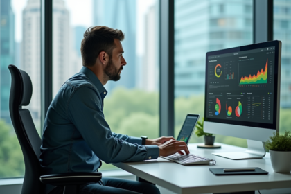 Homme d'âge moyen travaillant sur un bureau moderne avec graphique