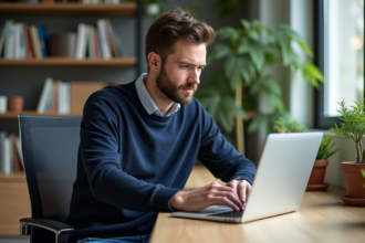 Homme concentré travaillant sur son ordinateur dans un bureau moderne