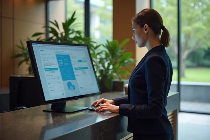 Femme professionnelle utilisant un logiciel sur un écran tactile dans un lobby d'hôtel