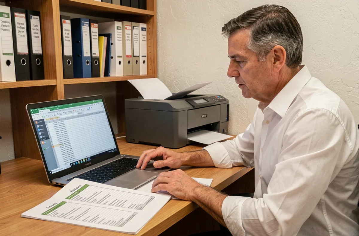 Homme vérifiant des feuilles Excel imprimées avec entêtes de lignes et colonnes figées répétées sur chaque page à son bureau à domicile