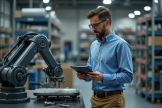 Ingénieur homme configure un robot modulaire en atelier