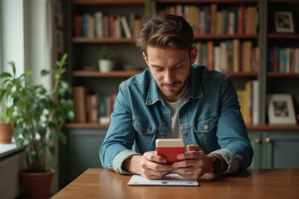 Jeune homme inspectant un téléphone vintage dans un salon