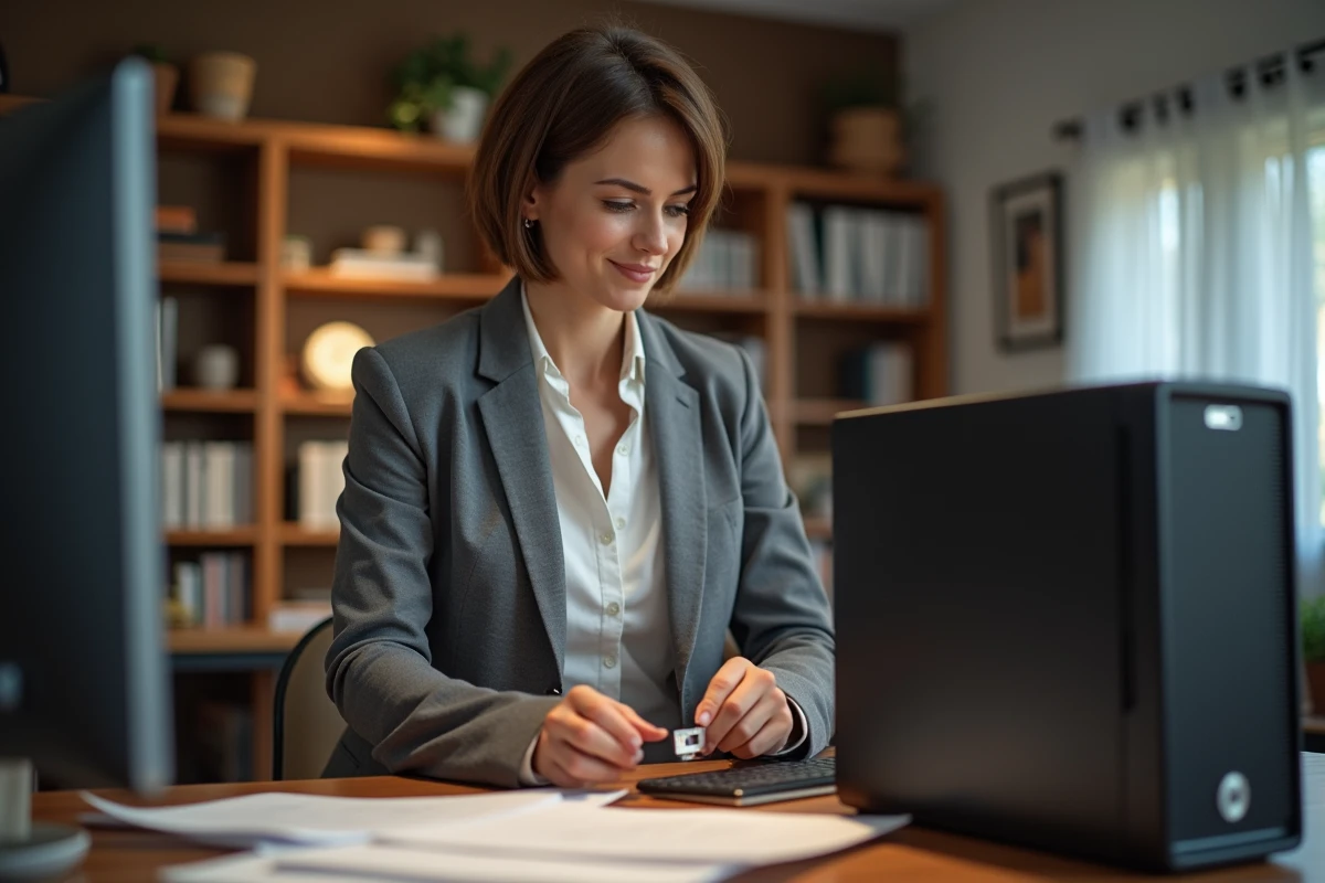 Femme installant un système d'exploitation Windows depuis une clé USB sur un PC de bureau à domicile