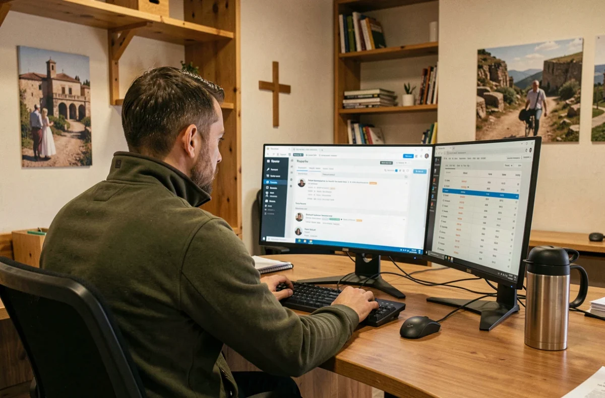 Développeur de JALIS Occitanie travaillant sur une installation WordPress multisite dans un bureau aux accents occitans