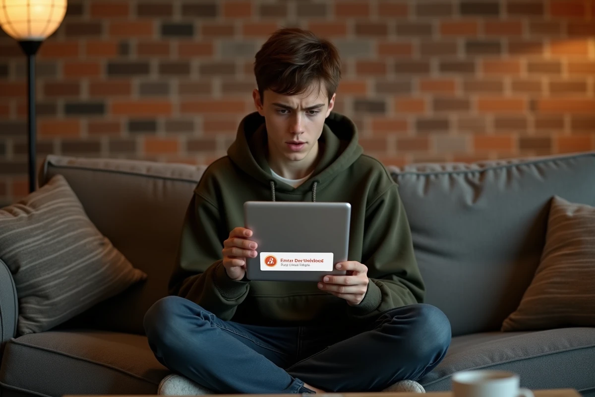 Jeune adulte résolvant une erreur de réception de courrier sur une tablette dans un salon, illustration des problèmes courants de messagerie PIX pour les débutants