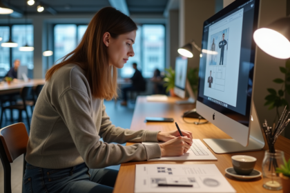 Jeune femme designer esquissant des wireframes dans un studio moderne