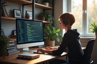Jeune développeur web au bureau avec code HTML et CSS