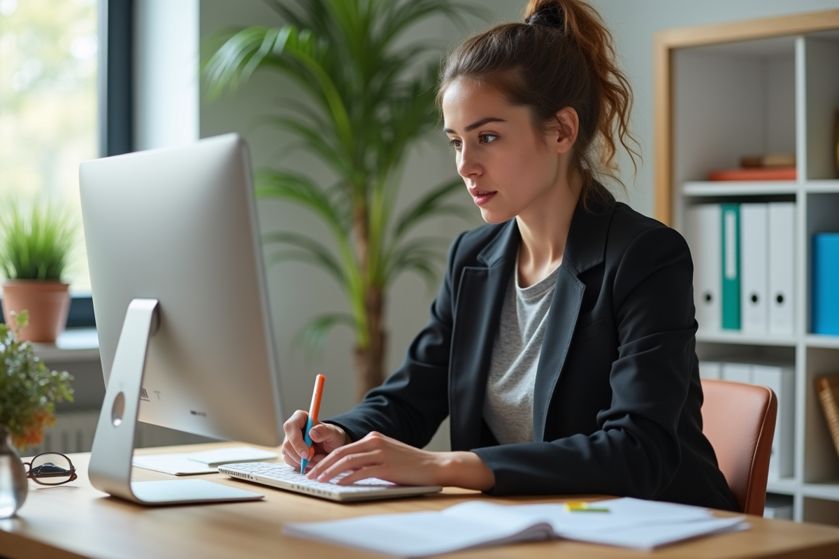 Jeune entrepreneure analysant des options CRM à son bureau