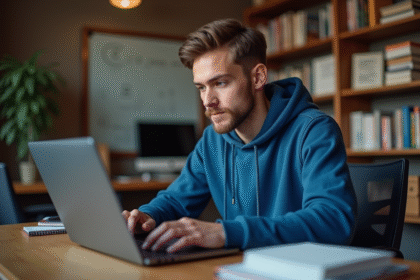 Jeune étudiant en informatique tapant du code sur un ordinateur portable