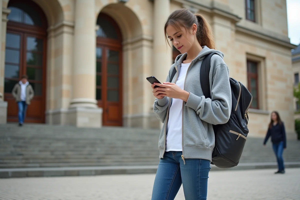 Jeune étudiante regardant son smartphone devant l