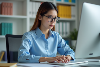 Jeune femme concentrée au bureau dans un bureau municipal