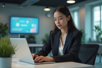 Jeune femme au bureau travaillant sur un ordinateur portable