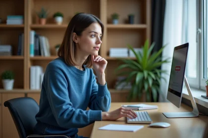 Jeune femme concentrée utilisant un clavier d'ordinateur à domicile