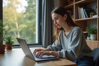 Jeune femme concentrée travaillant sur son ordinateur dans un bureau moderne