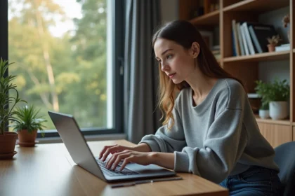 Jeune femme concentrée travaillant sur son ordinateur dans un bureau moderne