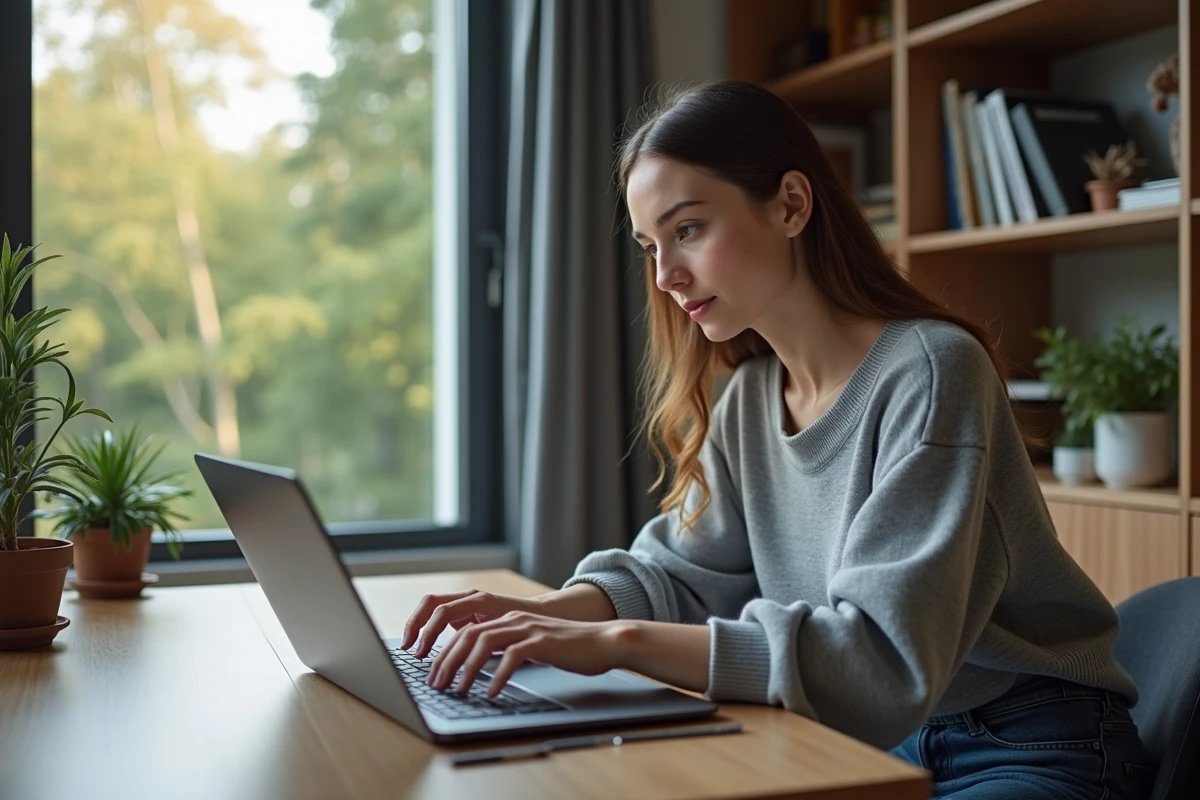 Jeune femme concentrée travaillant sur son ordinateur dans un bureau moderne