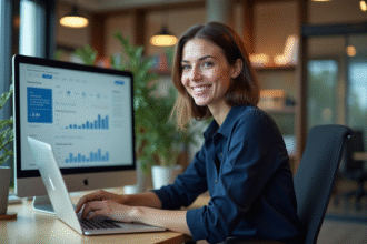 Jeune femme professionnelle souriante au bureau avec ordinateur