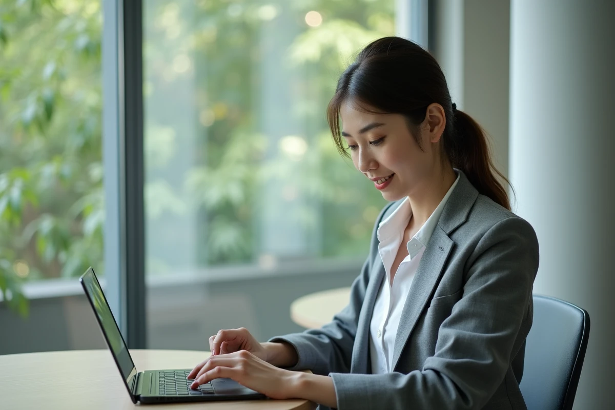 Jeune agente administrative utilisant une tablette dans un espace moderne