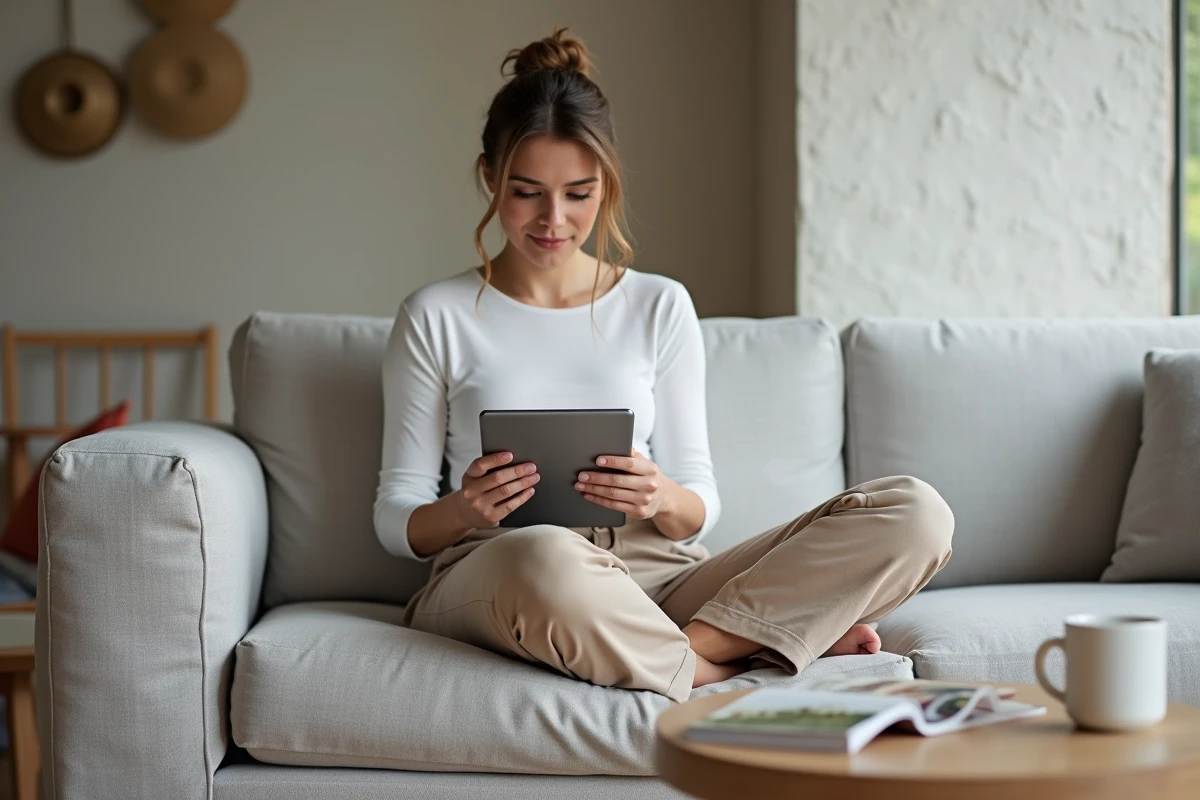 Jeune femme utilisant un outil de comptage de caractères sur tablette pour optimiser ses publications Instagram depuis son salon