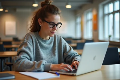 Jeune femme à l'ordinateur dans un espace d'étude moderne