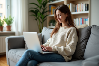 Jeune femme assise sur un canapé avec un ordinateur portable dans un salon lumineux