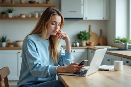 Jeune femme utilisant son ordinateur dans une cuisine moderne