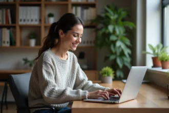 Femme concentrée sur son ordinateur dans un bureau moderne