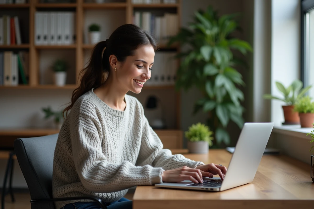 Femme concentrée sur son ordinateur dans un bureau moderne