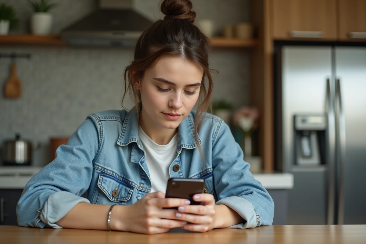 Jeune femme en denim utilise son smartphone à la maison