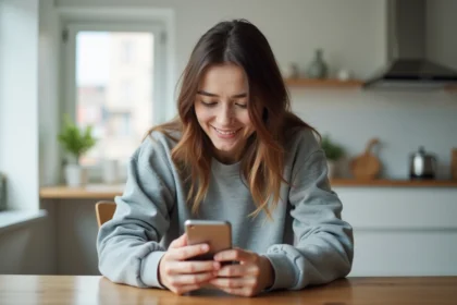Jeune femme regardant son smartphone dans la cuisine