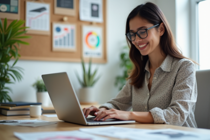 Jeune femme souriante travaillant sur un laptop dans un bureau moderne