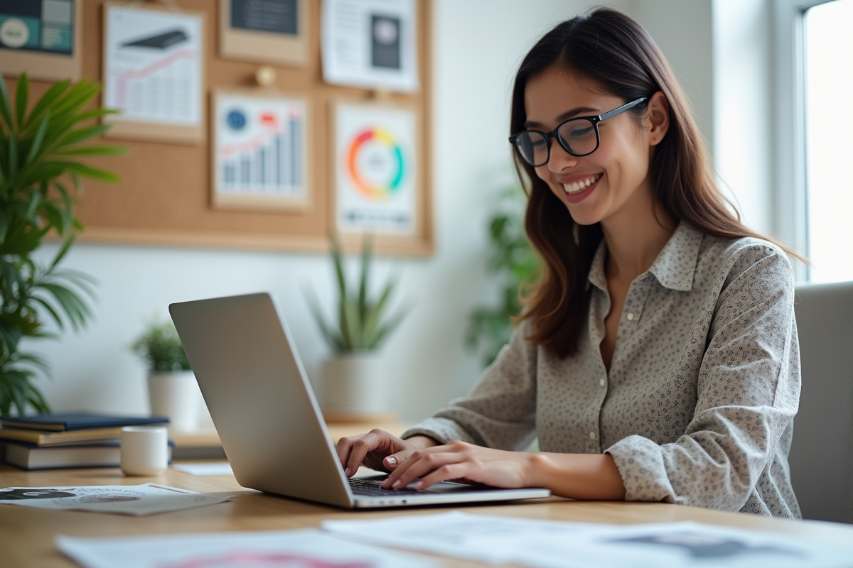 Jeune femme souriante travaillant sur un laptop dans un bureau moderne