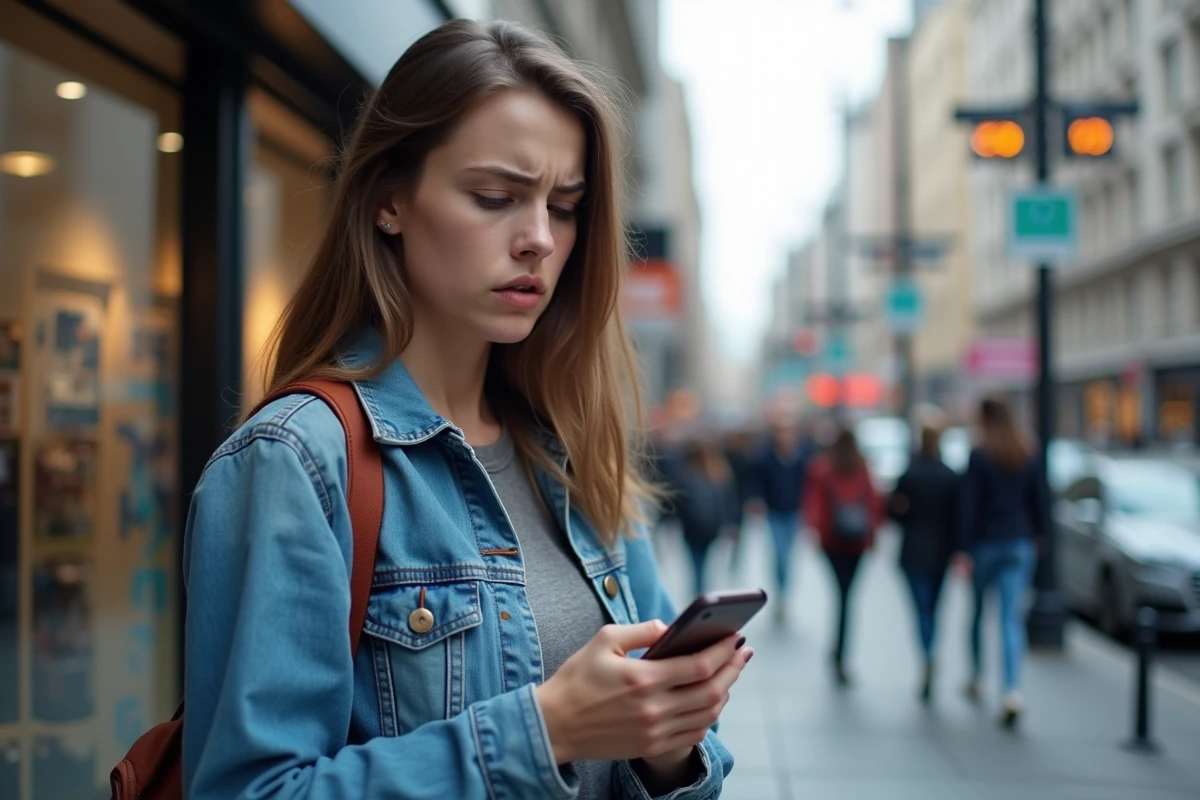 Jeune femme inquiète avec smartphone en ville