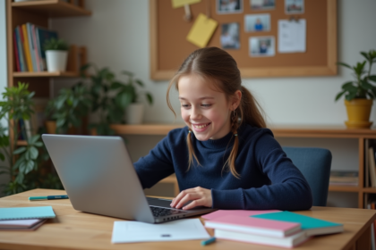 Jeune fille concentrée sur son ordinateur dans un bureau cosy