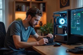 Jeune homme concentré assemble un GPU dans un bureau moderne