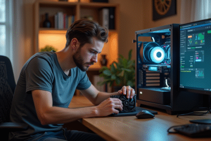 Jeune homme concentré assemble un GPU dans un bureau moderne